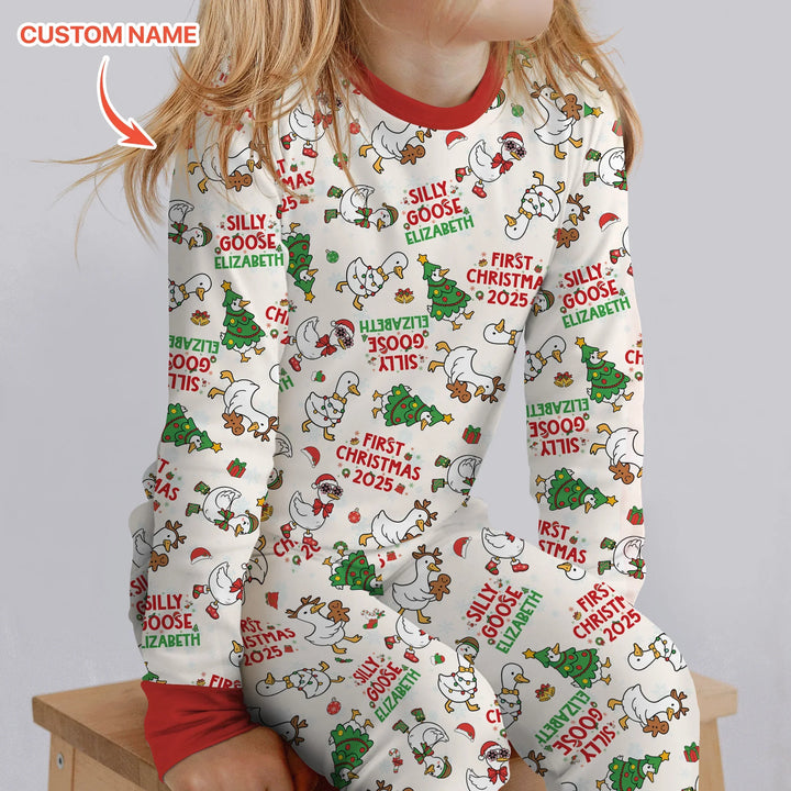 Custom Name "Silly Goose" Two Piece Long Sleeve Pajama Set (Red) , Custom Name "Silly Goose" Two Piece Long Sleeve Pajama Set (Red) - 12-18M