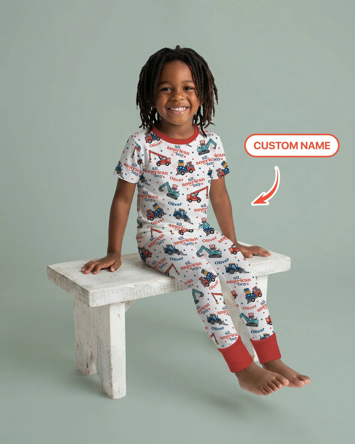 Custom Name All-American Boy Bamboo Two Piece Short Sleeve Pajama Set