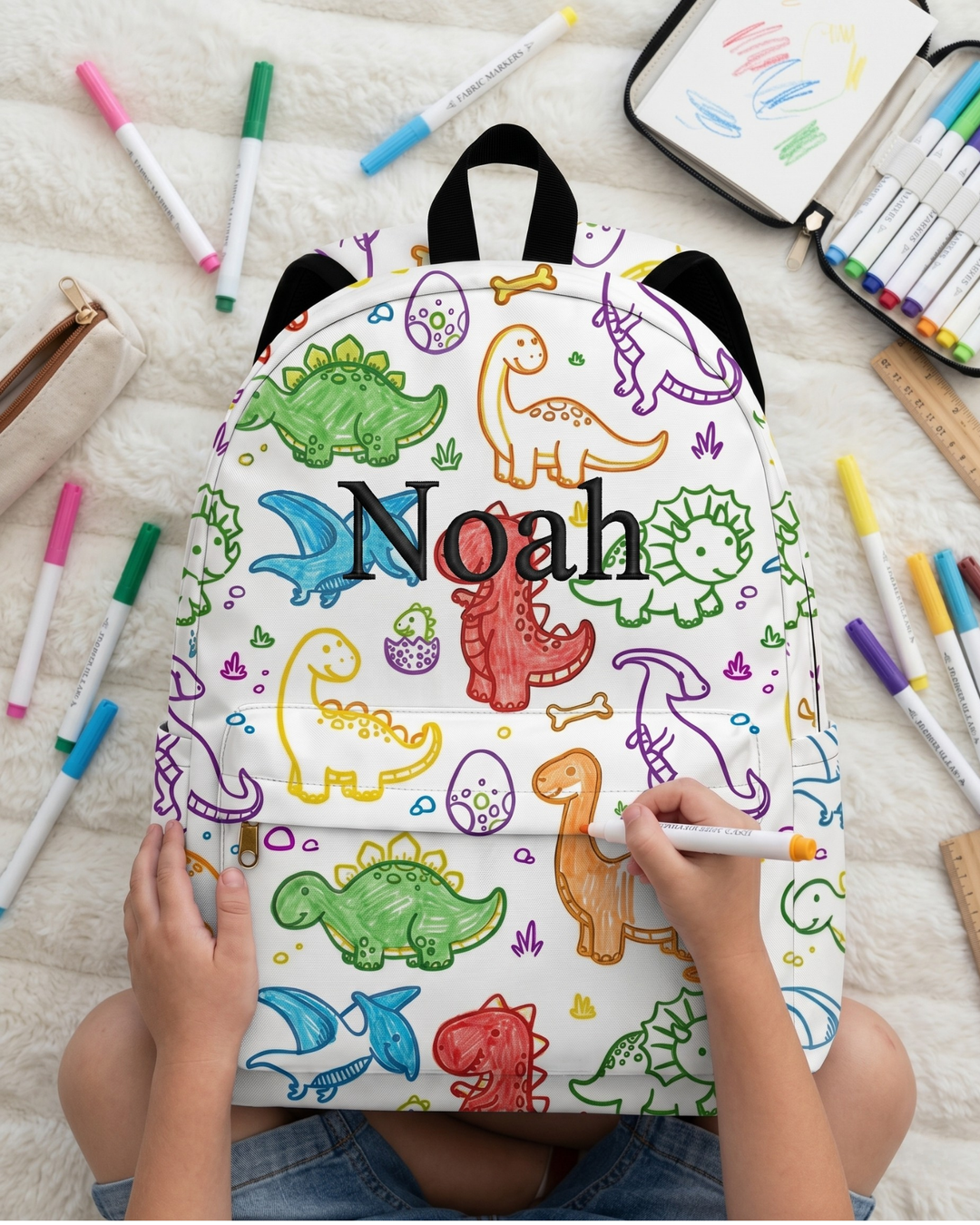 Custom Name Embroidered Jurassic Joy Colorable Backpack