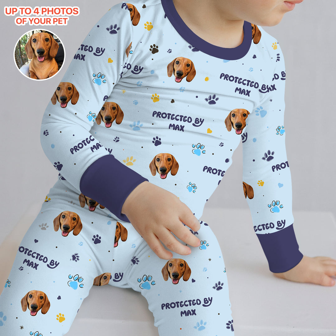 Custom Dog Photos "Protected By" Pawfect Blue Two Piece Long Sleeve Pajama Set