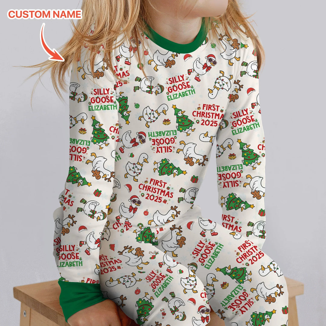 Custom Name "Silly Goose" Two Piece Long Sleeve Pajama Set (Green) , Custom Name "Silly Goose" Two Piece Long Sleeve Pajama Set (Green) - 12-18M