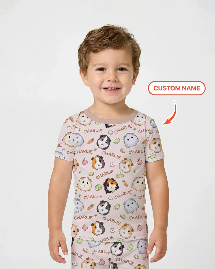 Custom Name Cute Guinea Pigs Bamboo Two Piece Short Sleeve Pajama Set