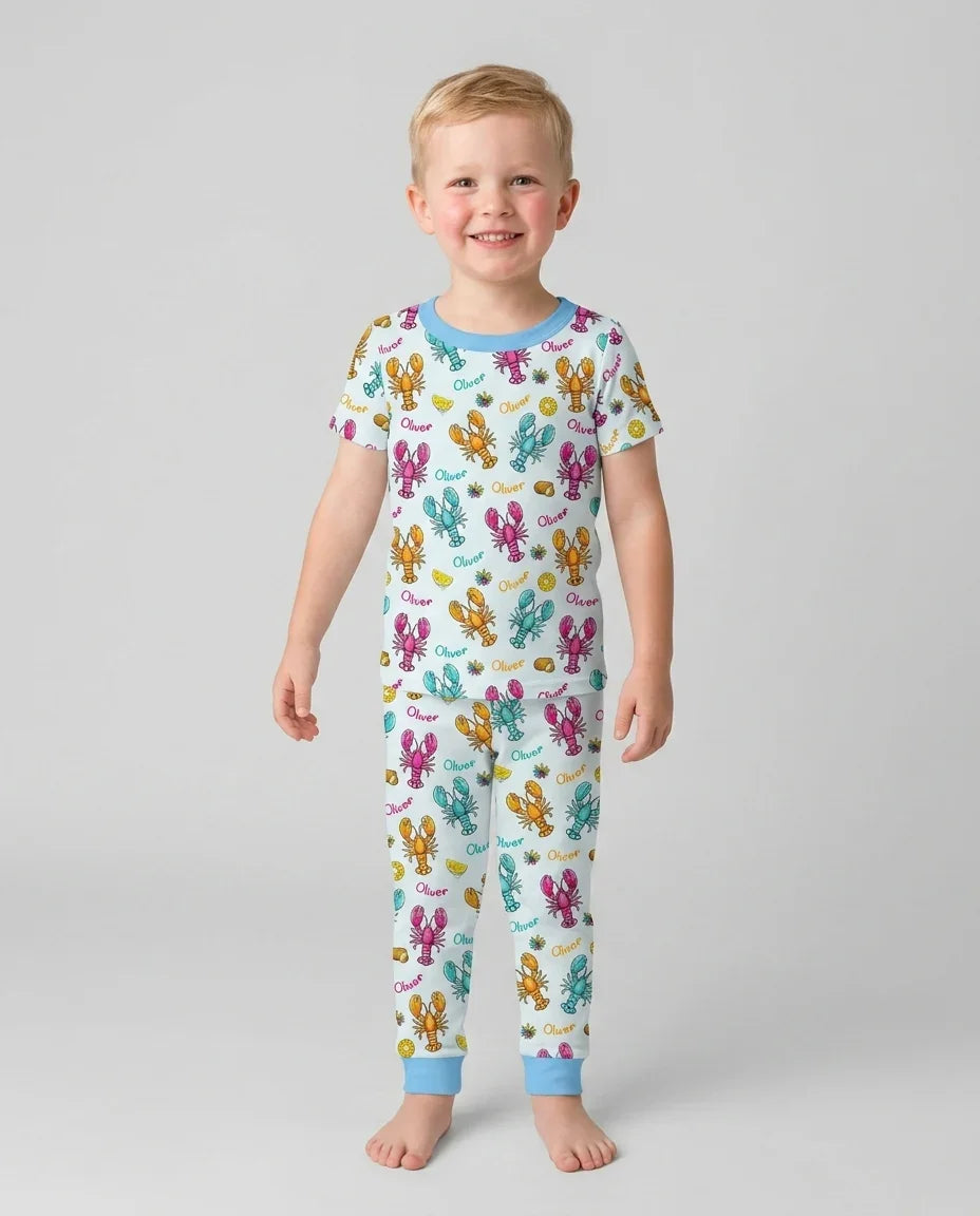 Custom Name Crawfish Crew Bamboo Two Piece Short Sleeve Pajama Set