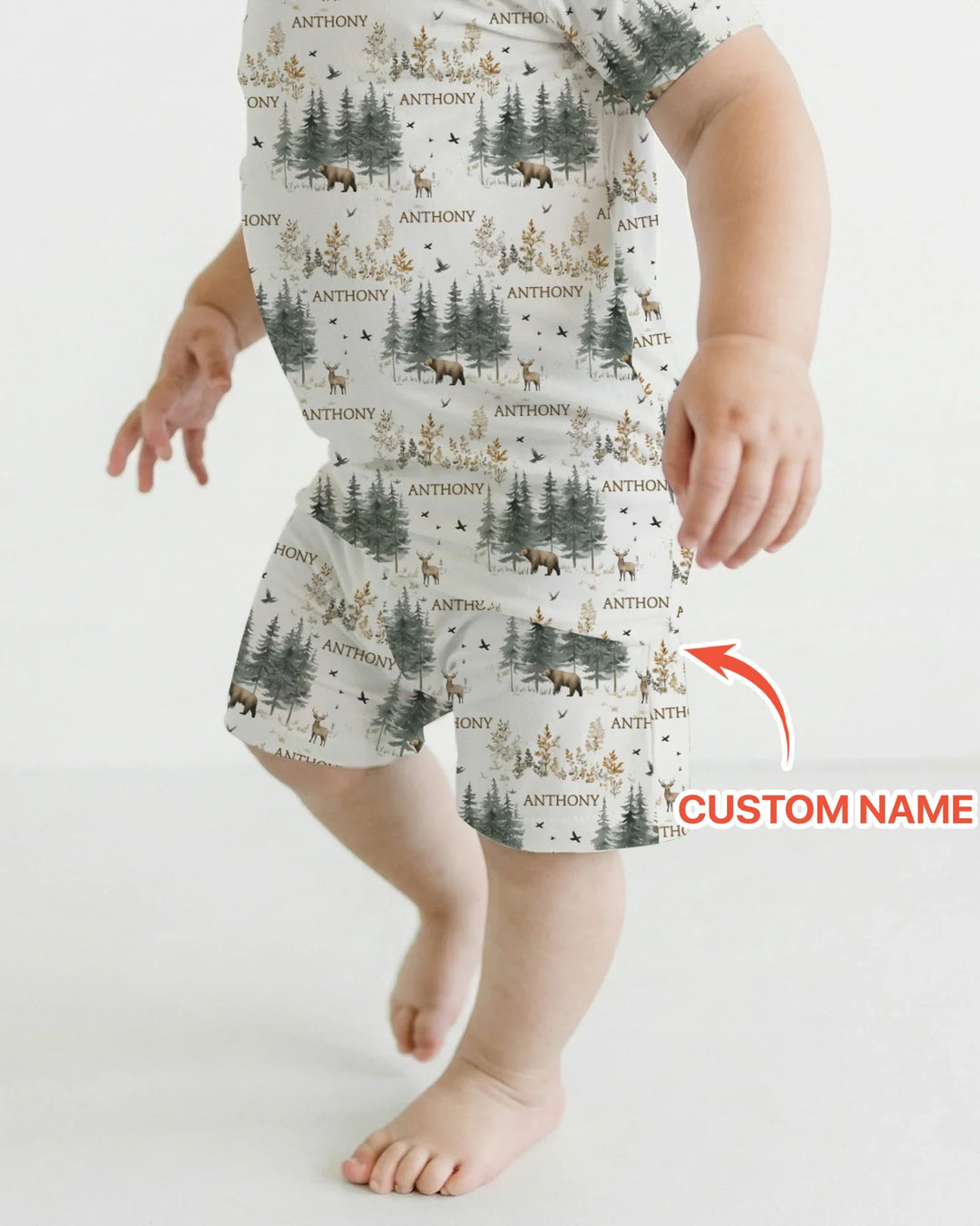 Conjunto de pijama de dos piezas con pantalones cortos y manga corta, oso de bosque, ciervo, bambú, nombre personalizado