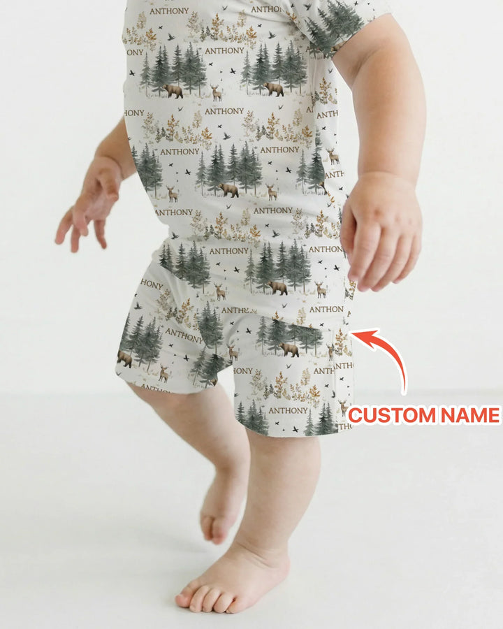 Conjunto de pijama de dos piezas con pantalones cortos y manga corta, oso de bosque, ciervo, bambú, nombre personalizado