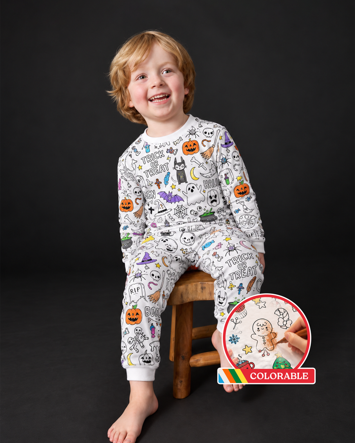 Buh! Ausmalbares Halloween Pyjama-Set aus Bambus, zweiteilig, langärmlig