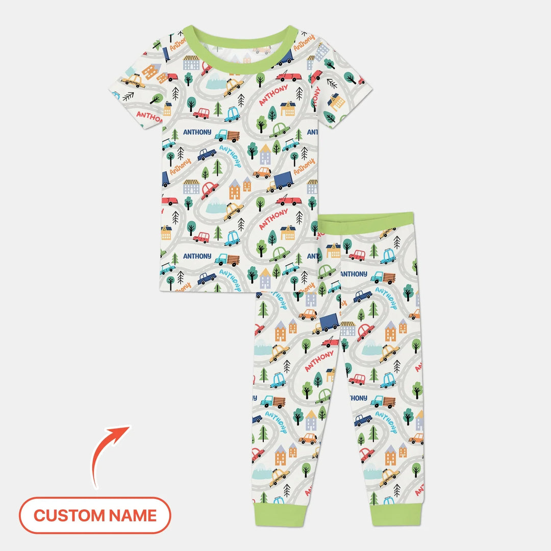Custom Name Road Map Two Piece Short Sleeve Pajama Set