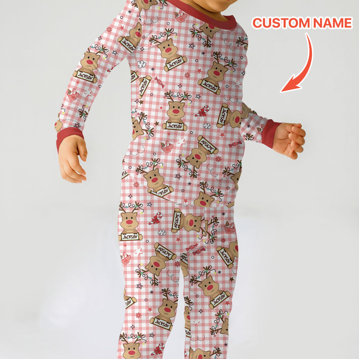 Custom Name Reindeer Gingham Two Piece Long Sleeve Pajama Set