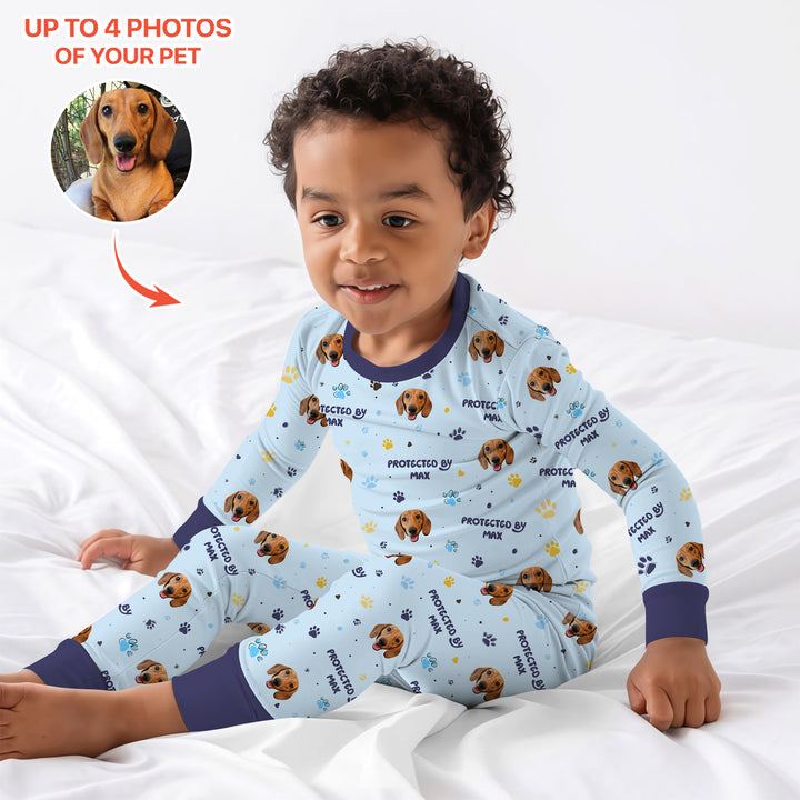Custom Dog Photos "Protected By" Pawfect Blue Two Piece Long Sleeve Pajama Set