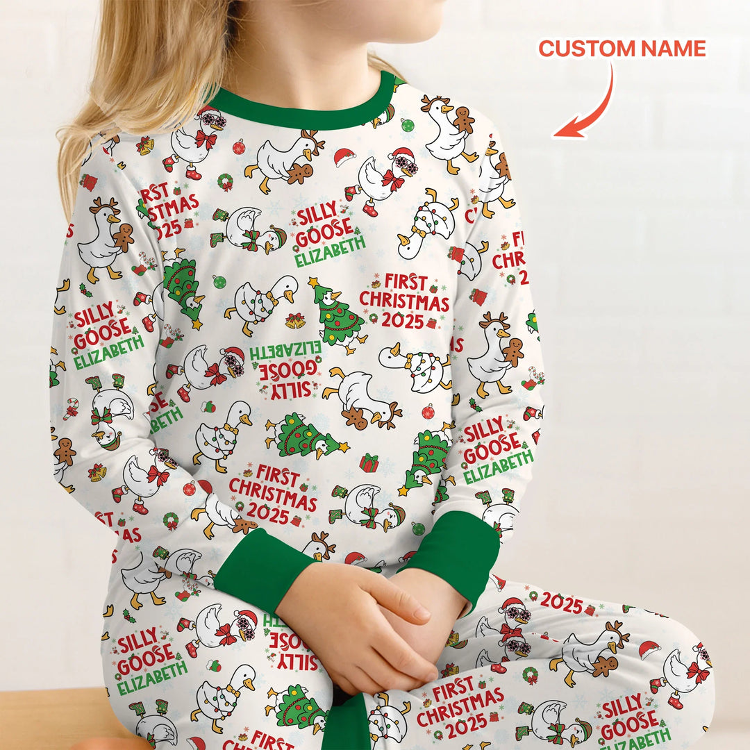 Custom Name "Silly Goose" Two Piece Long Sleeve Pajama Set (Green) , Custom Name "Silly Goose" Two Piece Long Sleeve Pajama Set (Green) - 12-18M