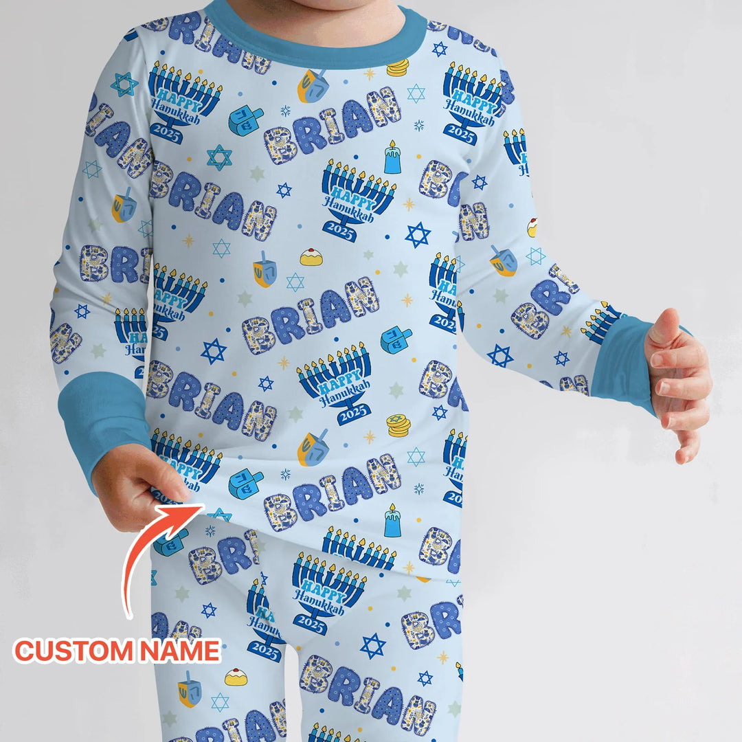 Custom name Happy Hanukkah 2025 Two Piece Long Sleeve Pajama Set