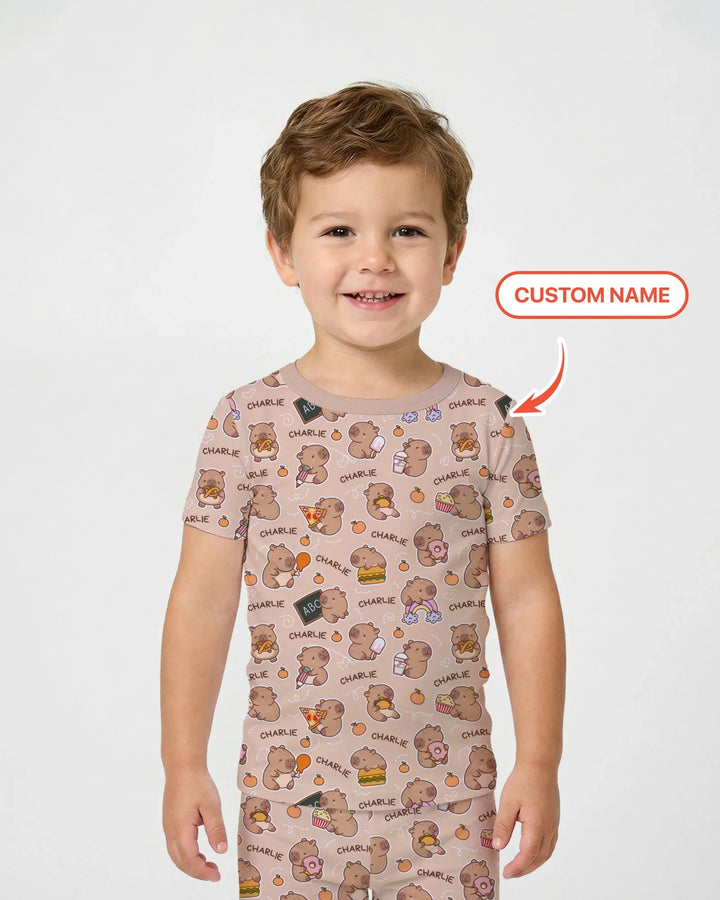 Custom Name Cute Capybara Bamboo Two Piece Short Sleeve Pajama Set