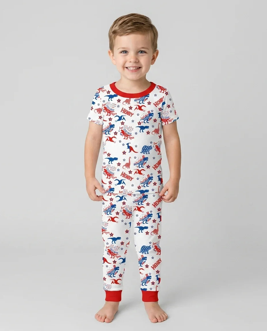 Custom Name Patriotic Dinosaur Bamboo Two Piece Short Sleeve Pajama Set