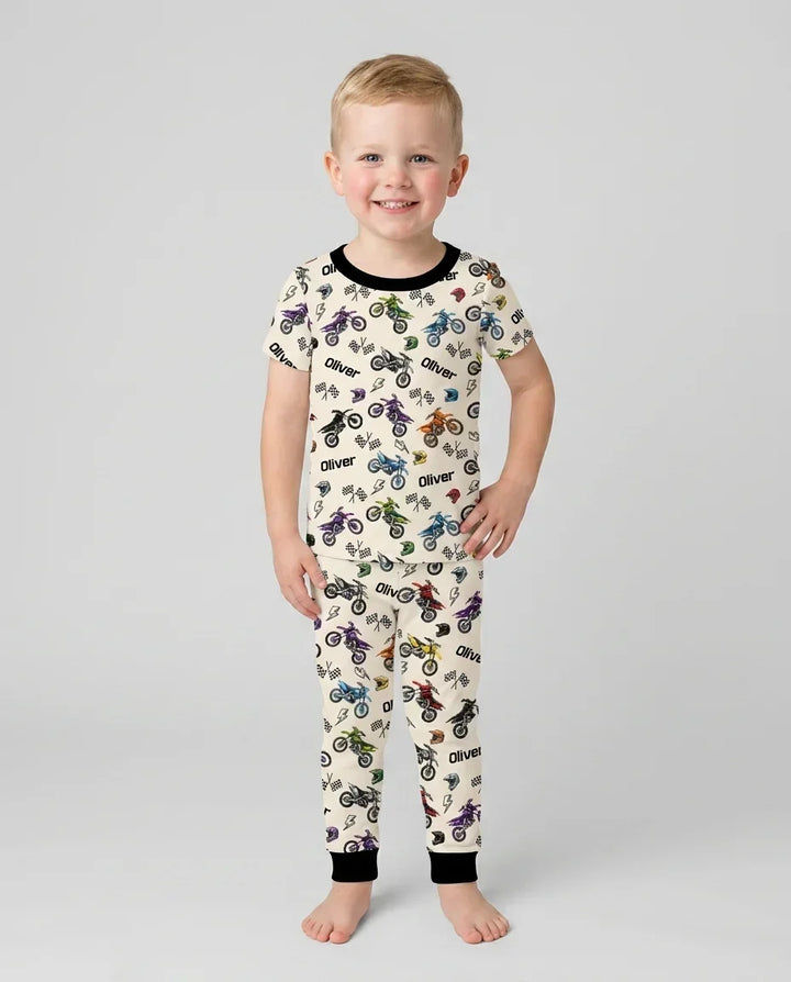 Custom Name Little Dirt Bike Rider Bamboo Two Piece Short Sleeve Pajama Set