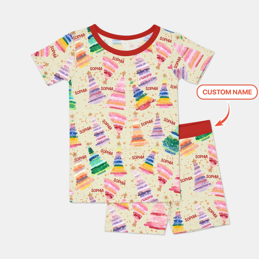 Personalized Twinkle Christmas Trees Two Piece Short Sleeve Shorts Pajama Set