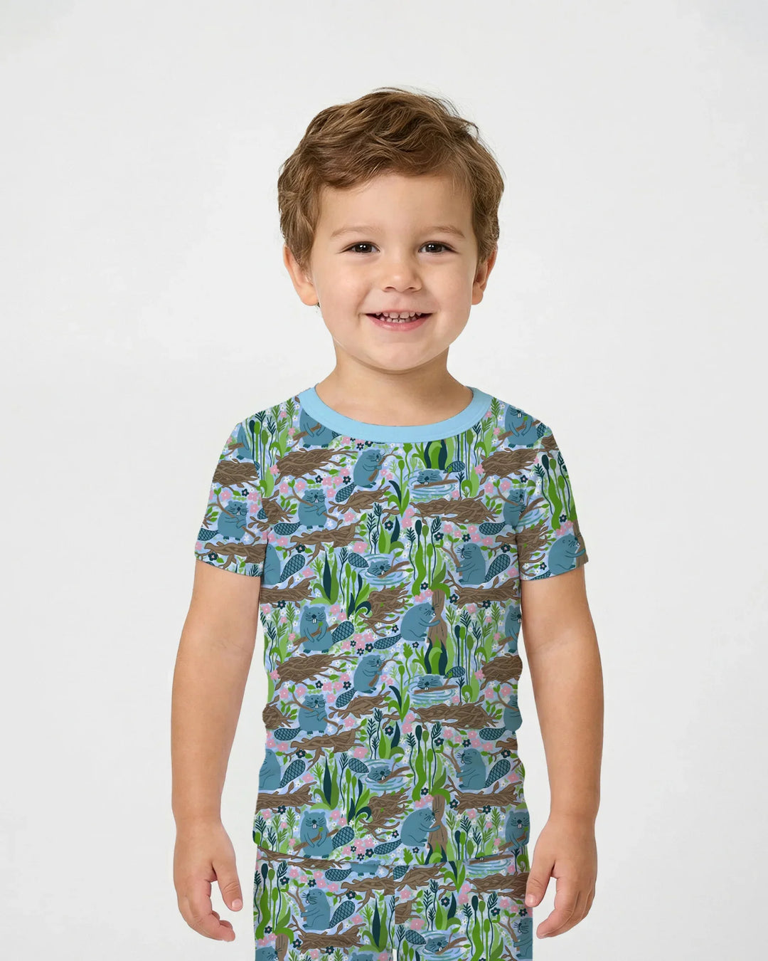 Pijama de dos piezas de manga corta de bambú para pequeños constructores de presas