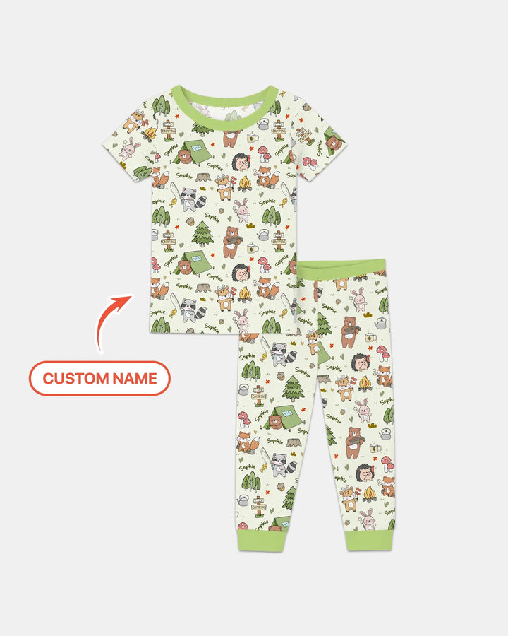Custom Name Little Camp Buddies Bamboo Two Piece Short Sleeve Pajama Set