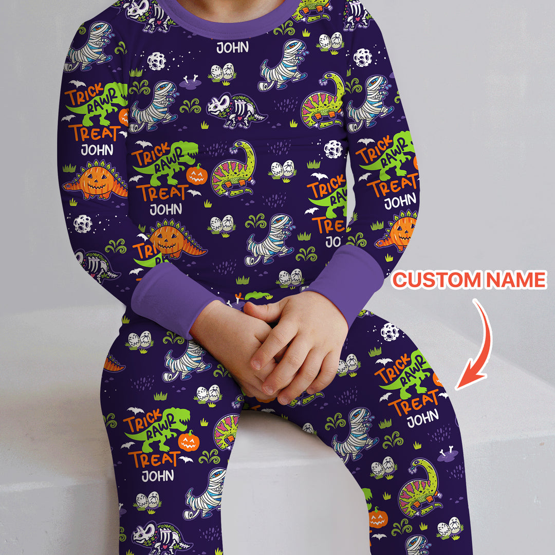 Trick Rawr Treat Custom Name Two Piece Long Sleeve Pajama Set