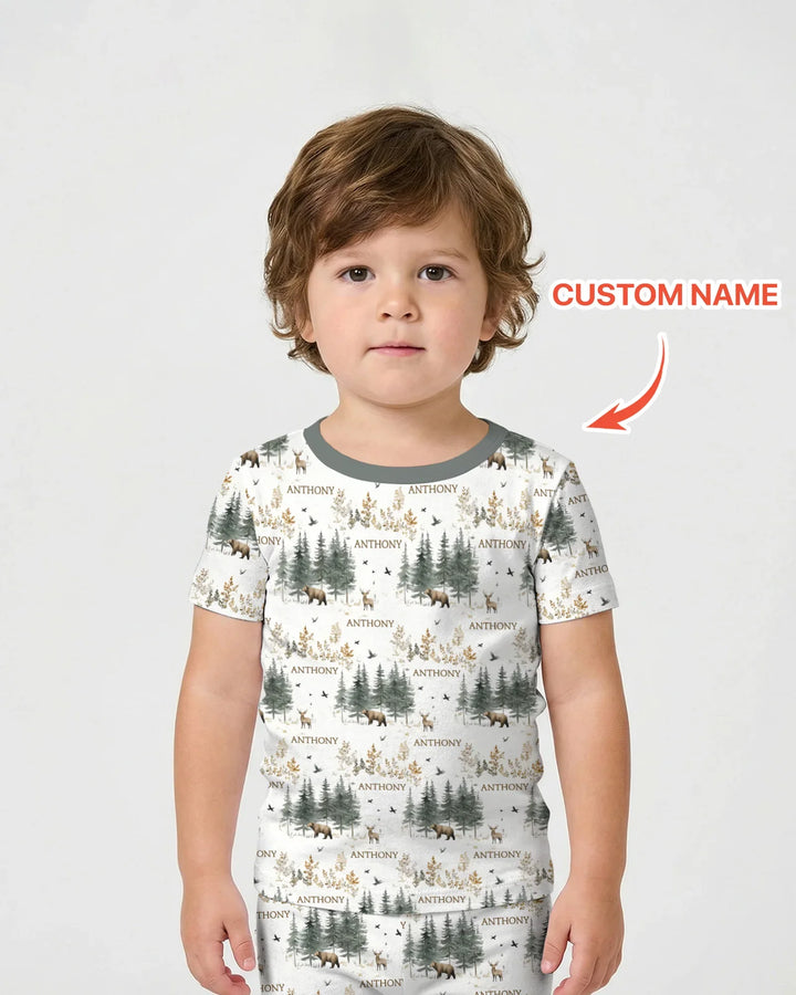 Conjunto de pijama de dos piezas con pantalones cortos y manga corta, oso de bosque, ciervo, bambú, nombre personalizado