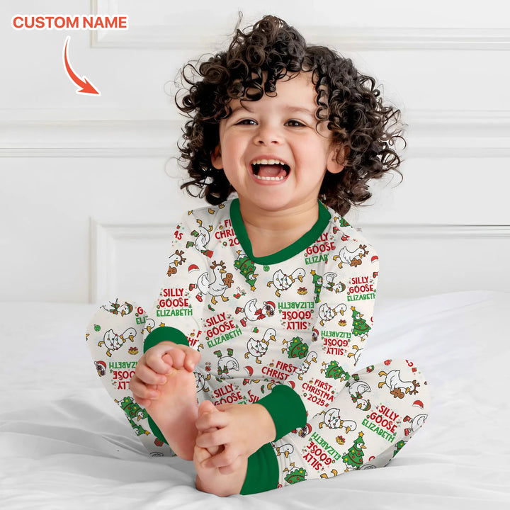 Custom Name "Silly Goose" Two Piece Long Sleeve Pajama Set (Green) , Custom Name "Silly Goose" Two Piece Long Sleeve Pajama Set (Green) - 12-18M