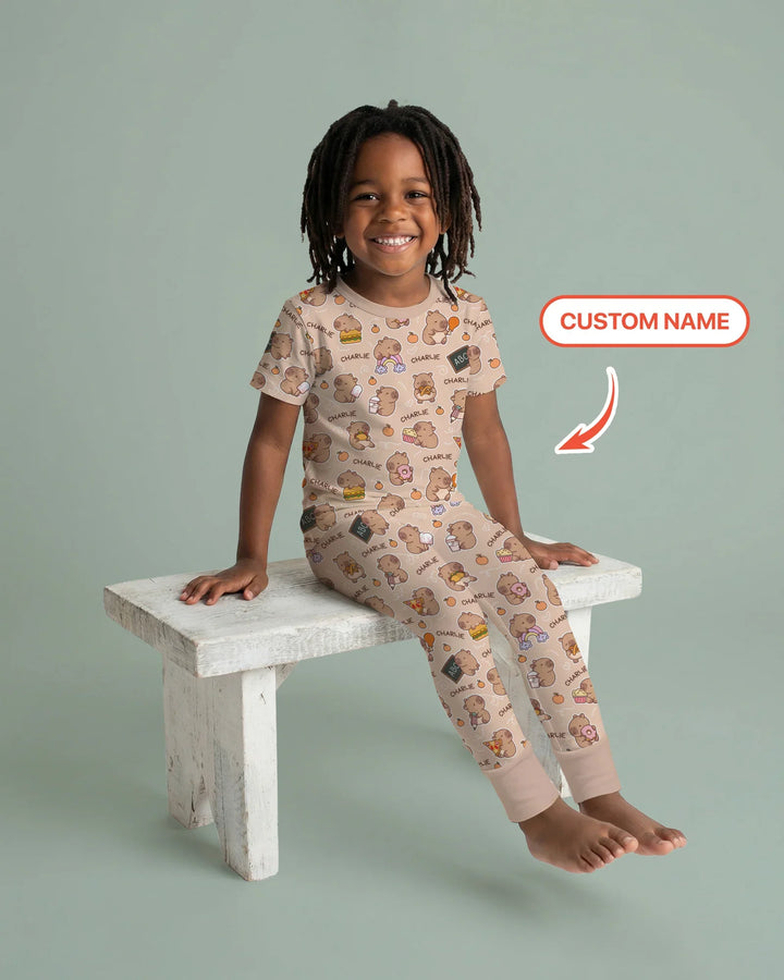 Custom Name Cute Capybara Bamboo Two Piece Short Sleeve Pajama Set