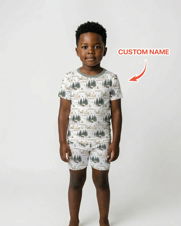 Conjunto de pijama de dos piezas con pantalones cortos y manga corta, oso de bosque, ciervo, bambú, nombre personalizado