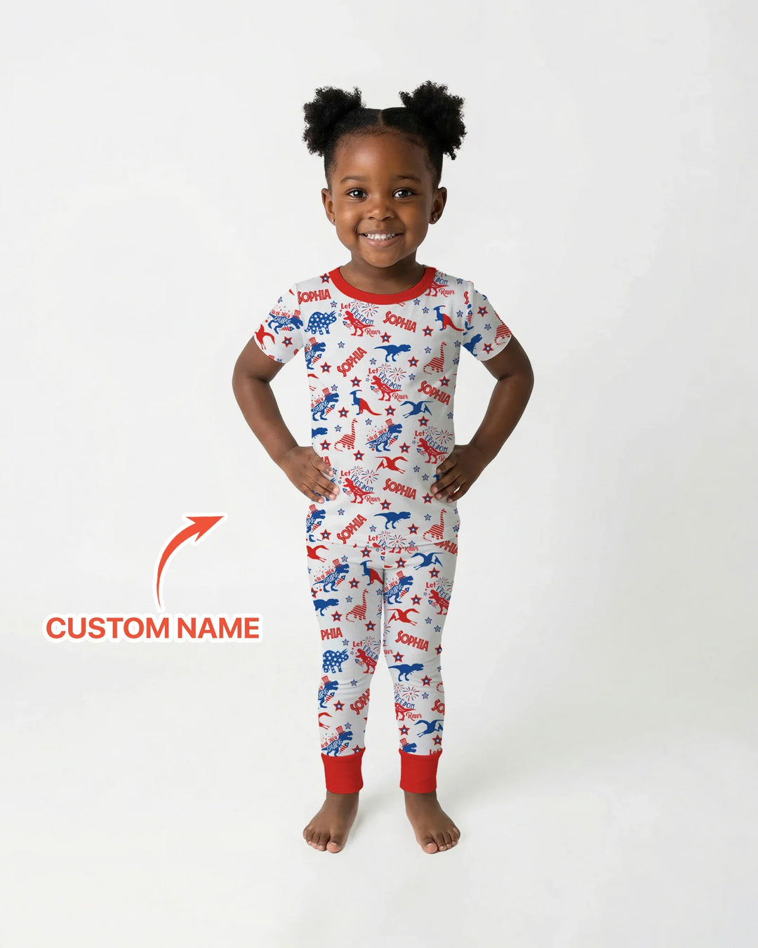 Custom Name Patriotic Dinosaur Bamboo Two Piece Short Sleeve Pajama Set