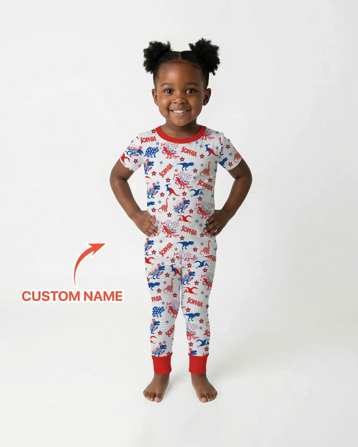 Custom Name Patriotic Dinosaur Bamboo Two Piece Short Sleeve Pajama Set