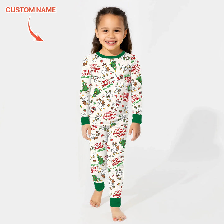Custom Name "Silly Goose" Two Piece Long Sleeve Pajama Set (Green) , Custom Name "Silly Goose" Two Piece Long Sleeve Pajama Set (Green) - 12-18M