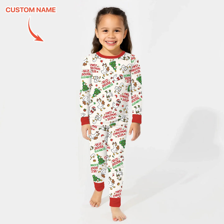 Custom Name "Silly Goose" Two Piece Long Sleeve Pajama Set (Red) , Custom Name "Silly Goose" Two Piece Long Sleeve Pajama Set (Red) - 12-18M