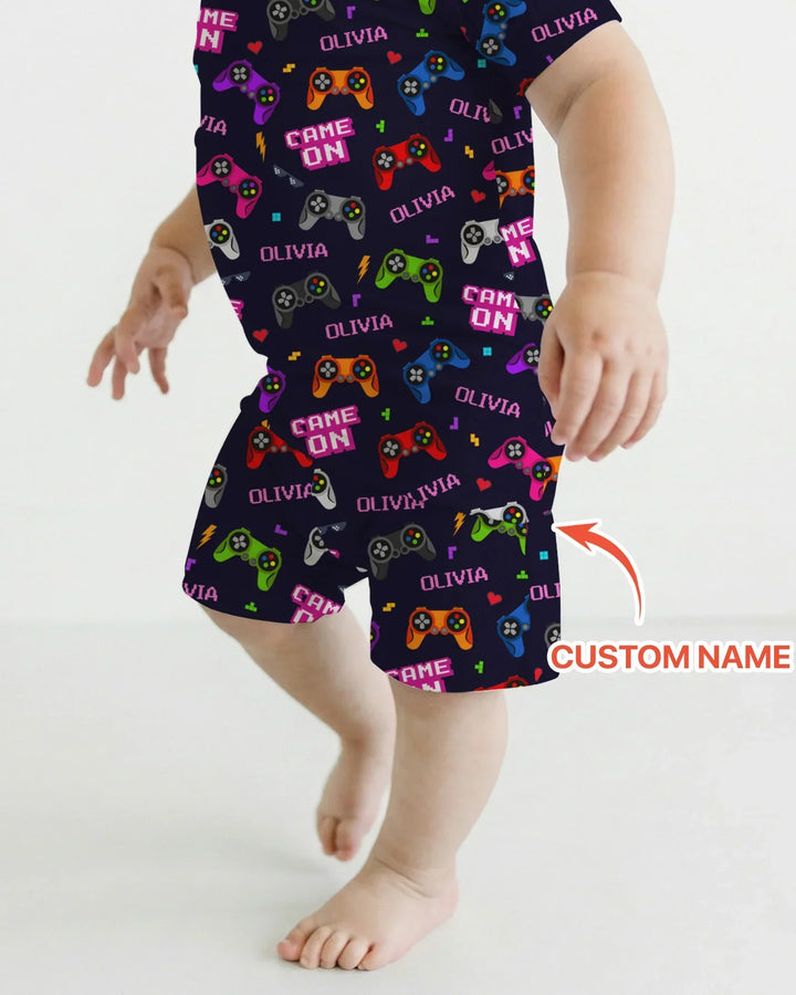 Custom Name Game On Family Matching Bamboo Two Piece Short Sleeve Shorts Pajama Set