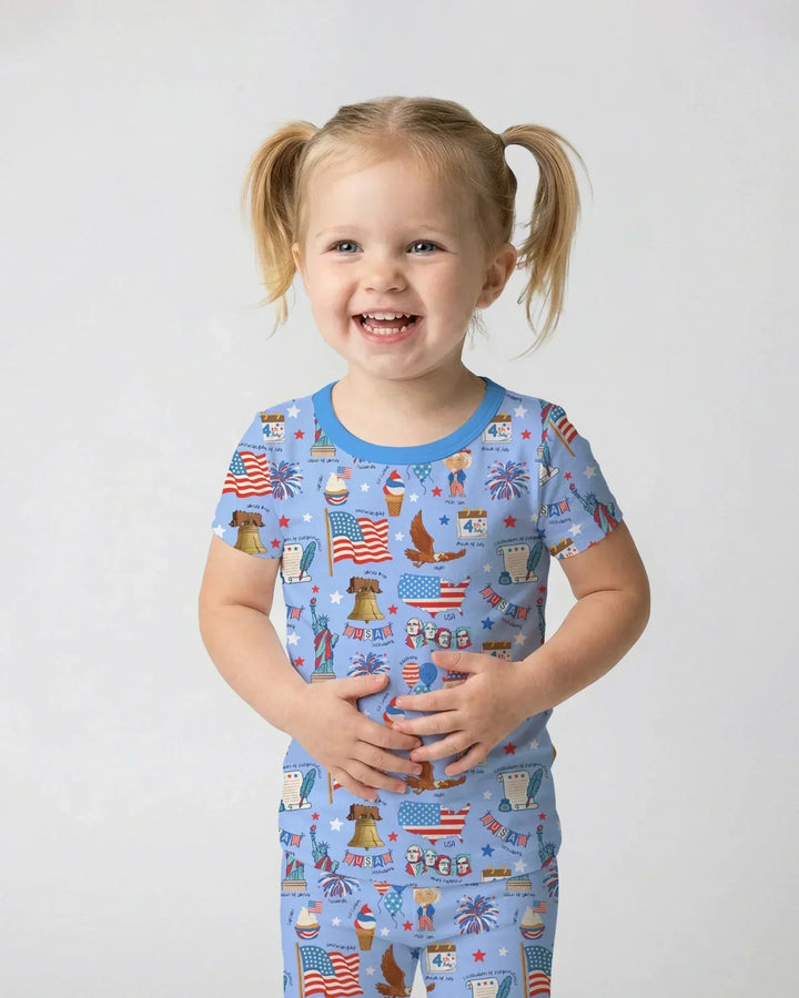 Hand Drawn Patriotic Iconic Bamboo Two Piece Short Sleeve Pajama Set