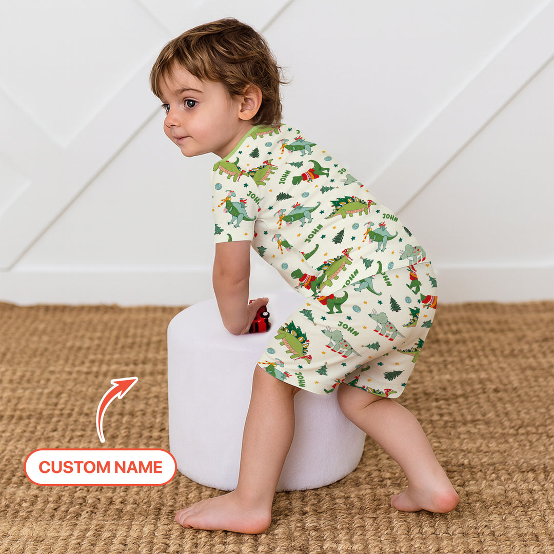 Custom Name Dinosaurs Christmas Tree Two Piece Short Sleeve Shorts Pajama Set