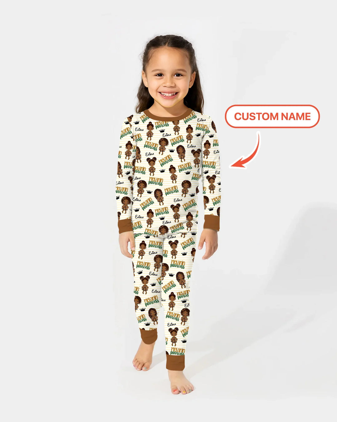 Custom Name Melanin Princess Bamboo Two Piece Long Sleeve Pajama Set