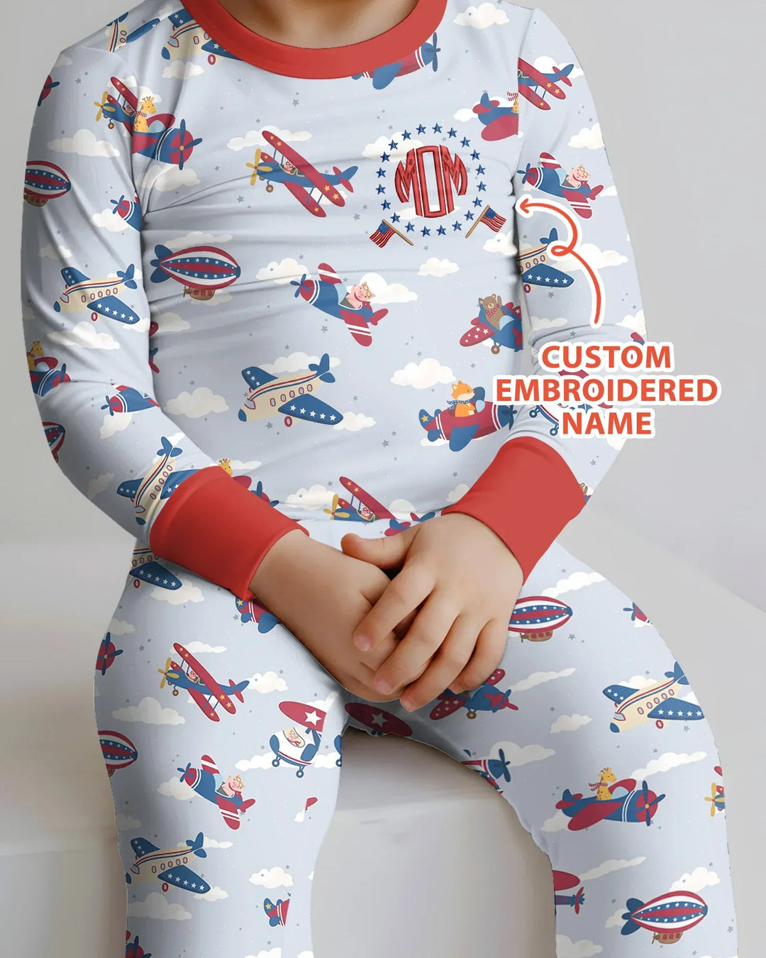 Custom Name Embroidered American Pilot  Bamboo Two Piece Long Sleeve Pajama Set