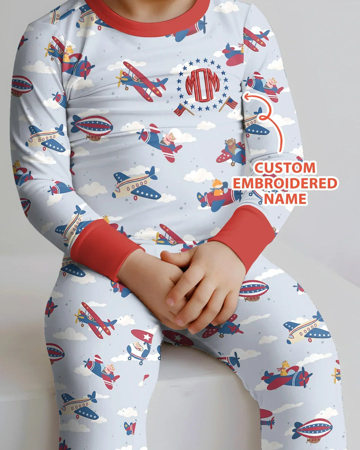 Custom Name Embroidered American Pilot  Bamboo Two Piece Long Sleeve Pajama Set