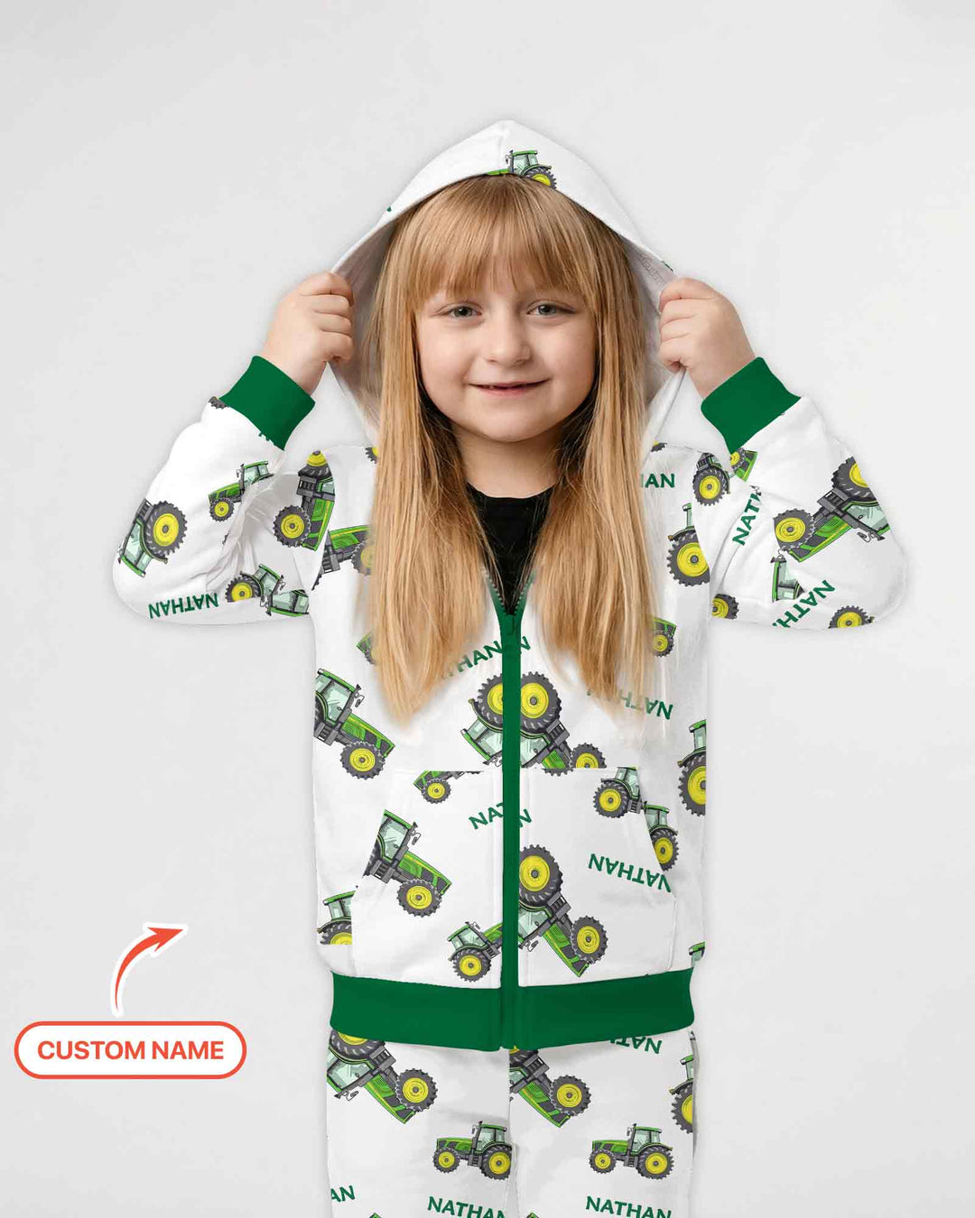 Custom Name Green Tractors Matching Daddy & Me Bamboo Zip Hoodie