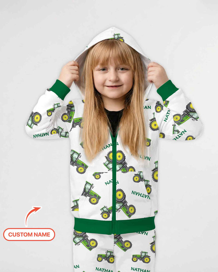 Custom Name Green Tractors Matching Daddy & Me Bamboo Zip Hoodie