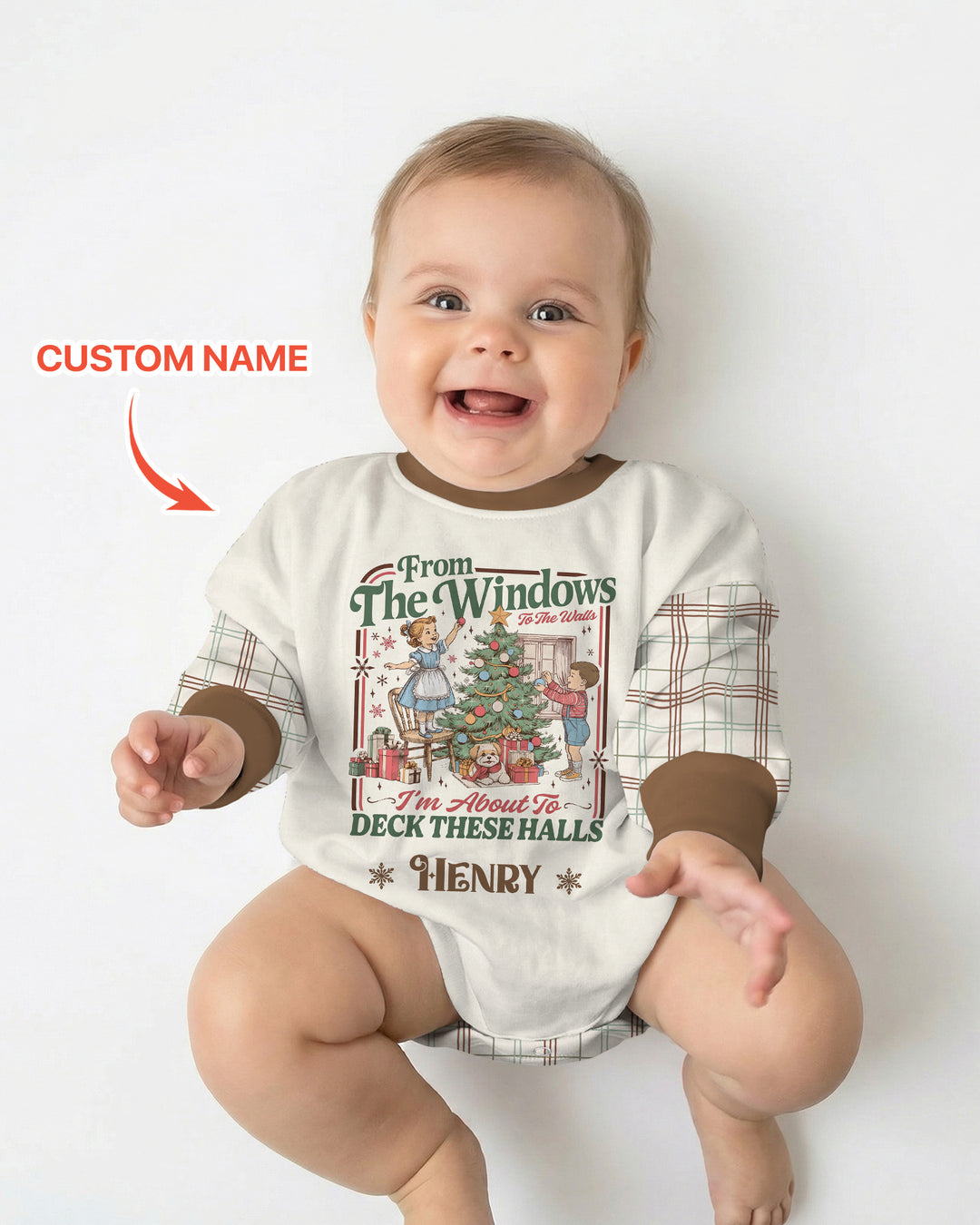 Custom Name Vintage Deck The Halls Bamboo Bubble Romper