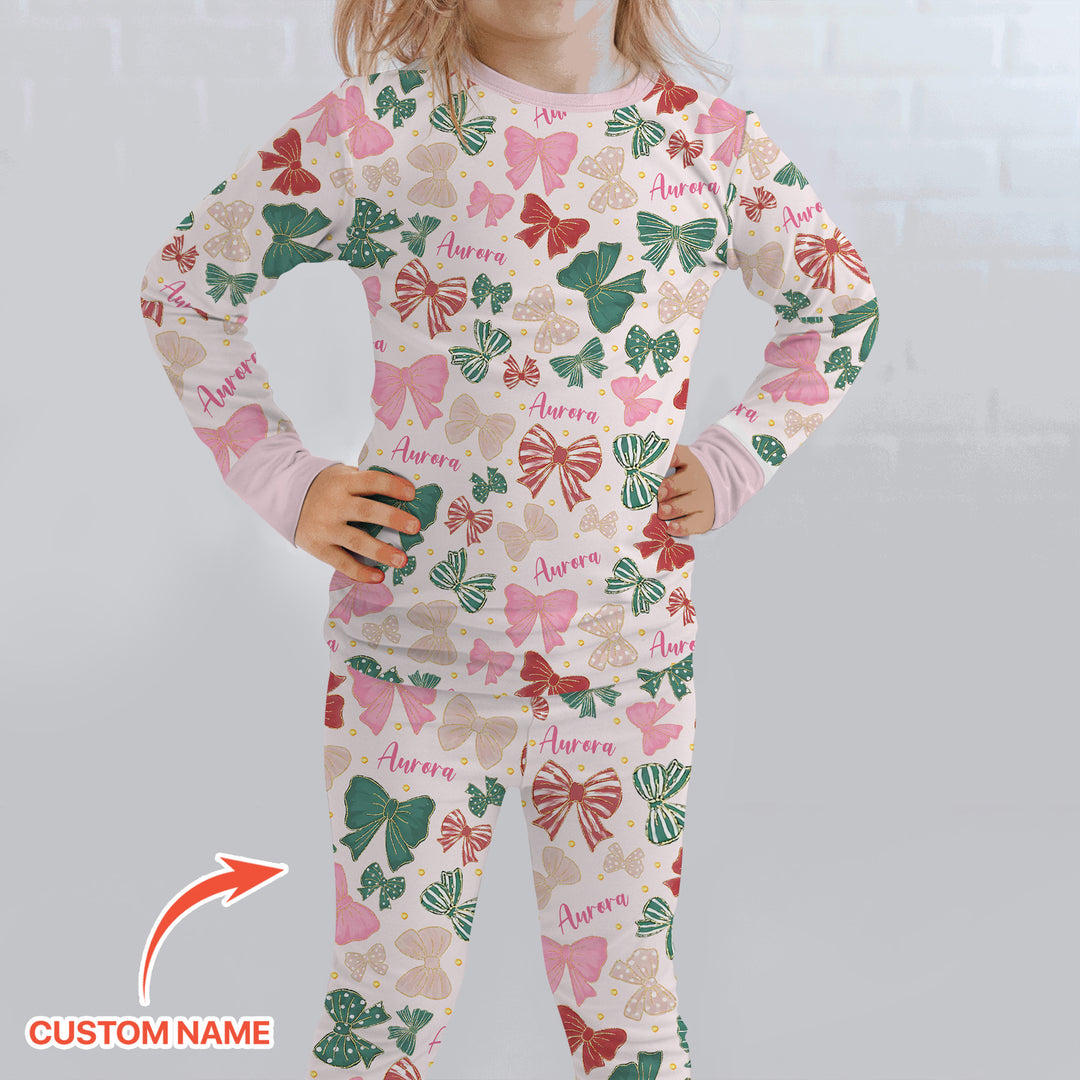 Custom Name Preppy Coquette Bows Two Piece Long Sleeve Pajama Set
