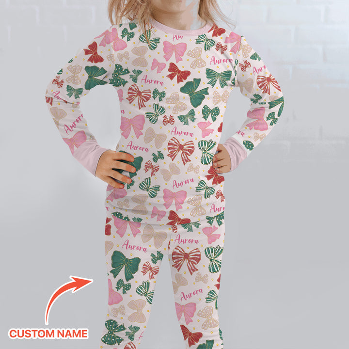 Custom Name Preppy Coquette Bows Two Piece Long Sleeve Pajama Set