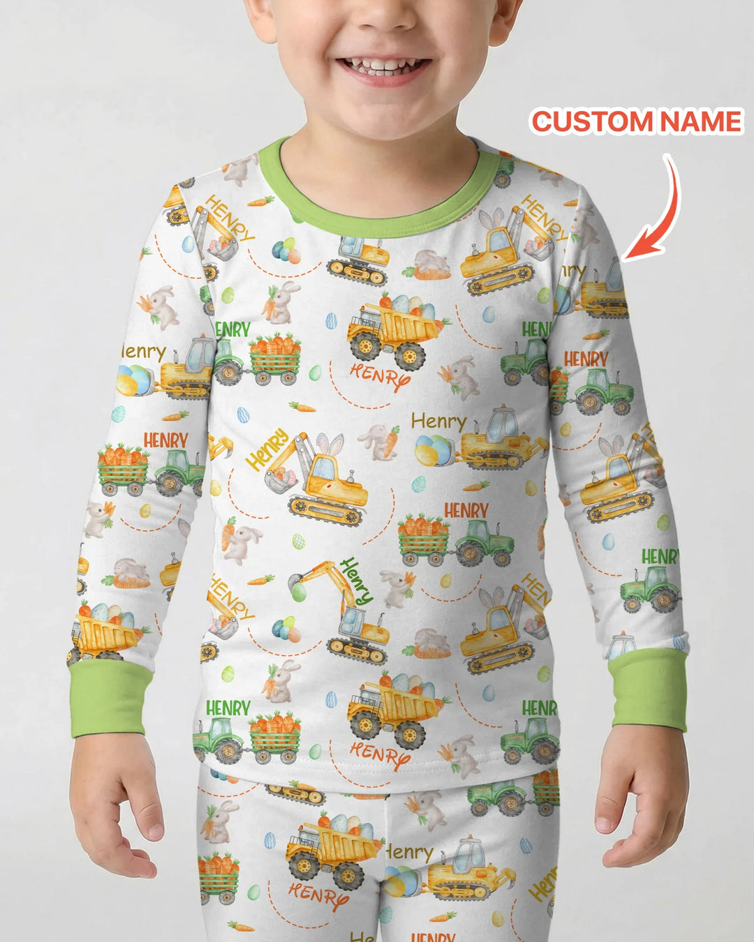 Easter Construction Vehicles Custom Name Two Piece Long Sleeve Pajama Set