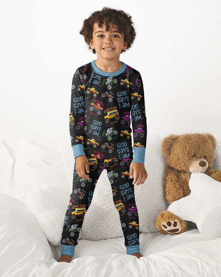 God Says I Am Monster Truck Bamboo Two Piece Long Sleeve Pajama Set