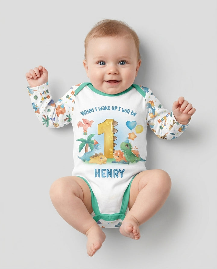 Custom Name When I Wake Up Birthday Dino Bamboo Bodysuit