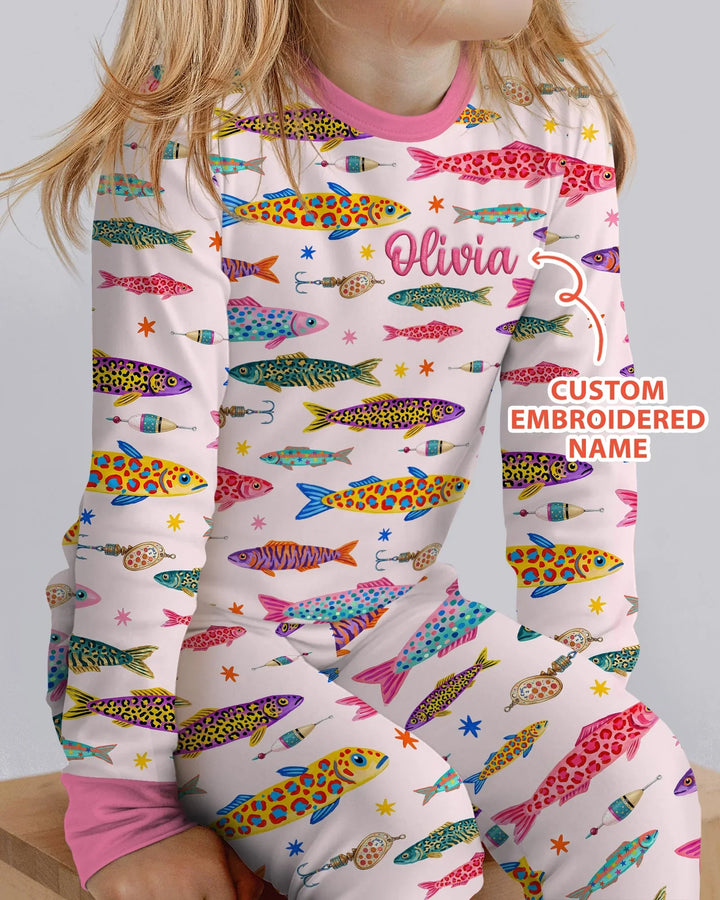 Pijama de dos piezas de bambú de manga larga con bordado de nombre personalizado de peces de colores