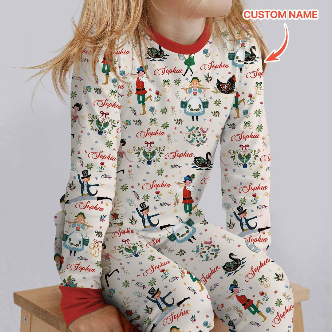 12 Days Of Christmas Custom Name Two Piece Long Sleeve Pajama Set , 12 Days Of Christmas Custom Name Two Piece Long Sleeve Pajama Set - 12-18M / Girl