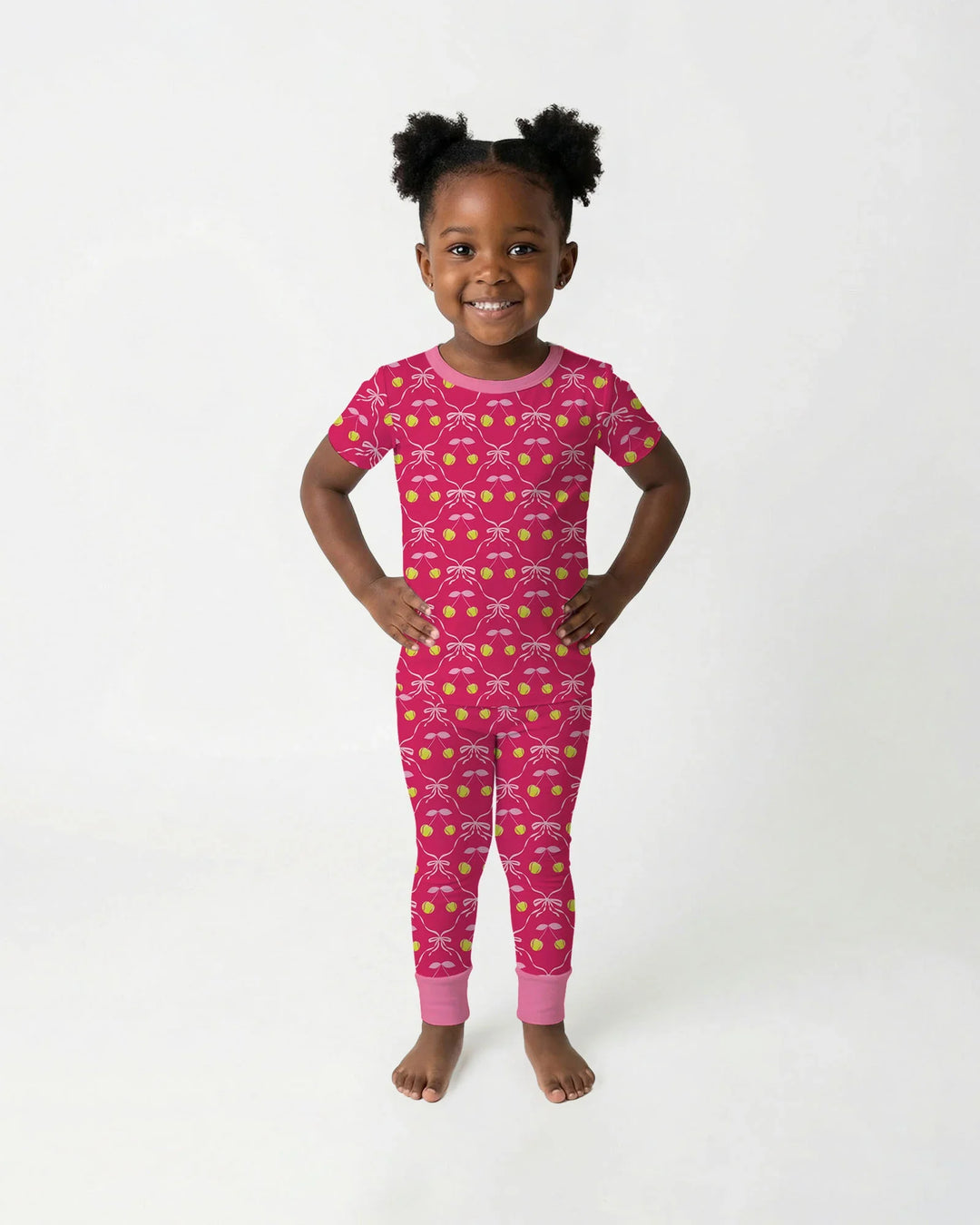 Cherry Baseball Softball Mom and Girl Matching Bamboo Two Piece Short Sleeve Pajama Set