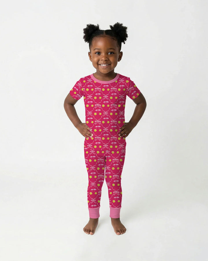 Cherry Baseball Softball Mom and Girl Matching Bamboo Two Piece Short Sleeve Pajama Set