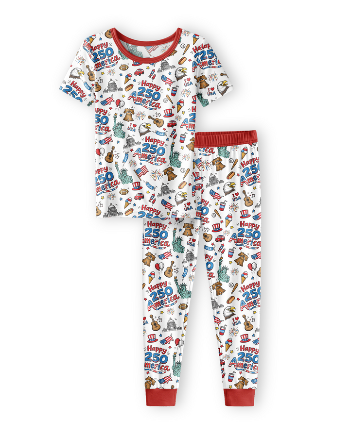Happy 250 America I love USA Bamboo Two Piece Short Sleeve Pajama Set