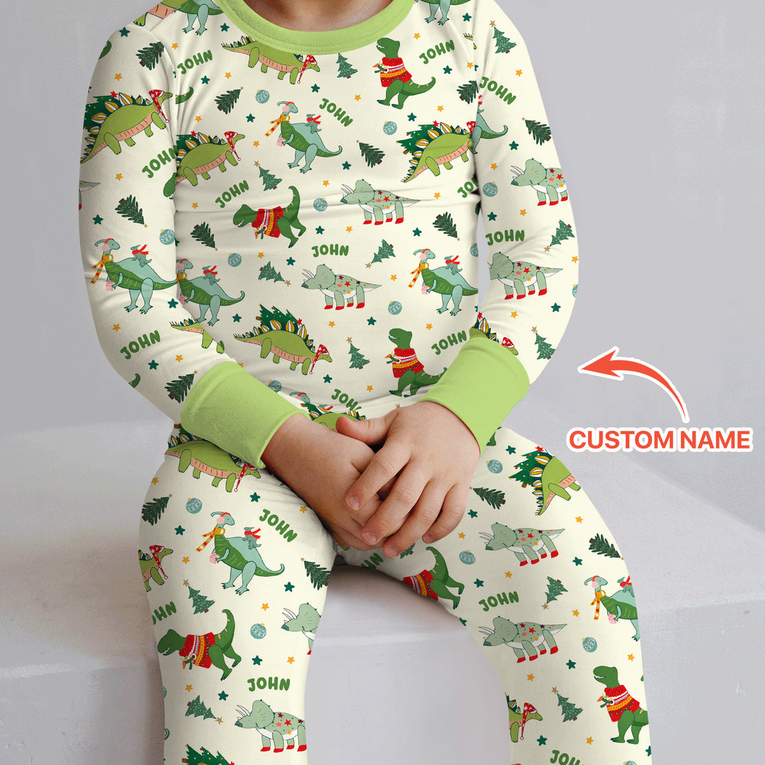Custom Name Dinosaurs Christmas Tree Two Piece Long Sleeve Pajama Set